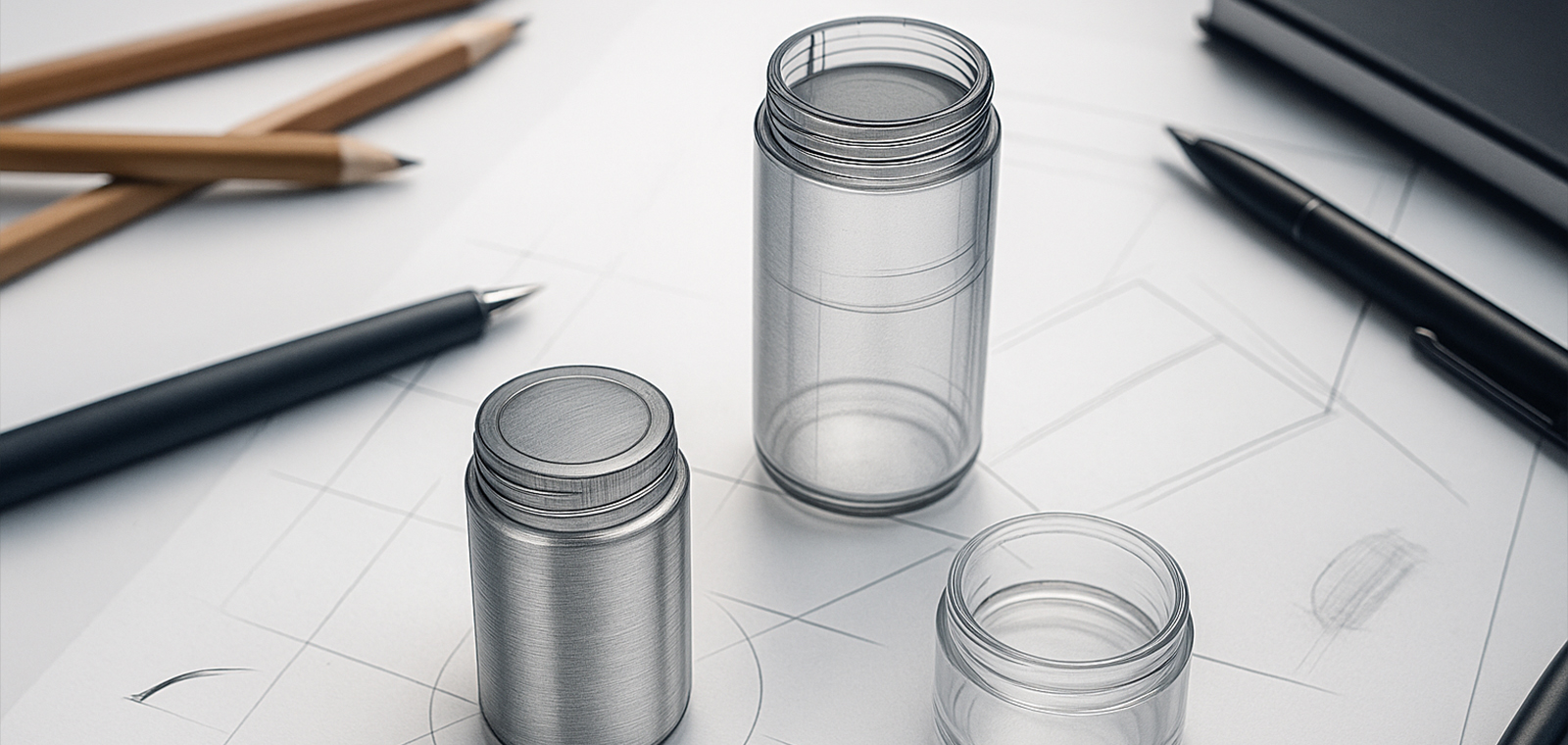sample development of custom water bottles showing prototype shapes and materials